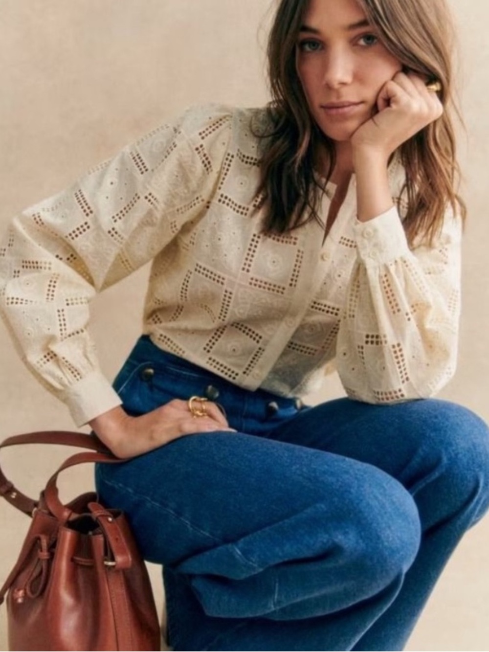 SEZANE NWT Ecru Cream Floral Embroidered Button Down Shirt Amerie Blouse Top